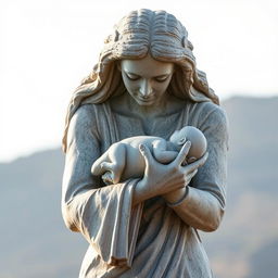 A powerful sculpture of a stone woman gracefully raising a newborn in her arms, symbolizing the beginning of life