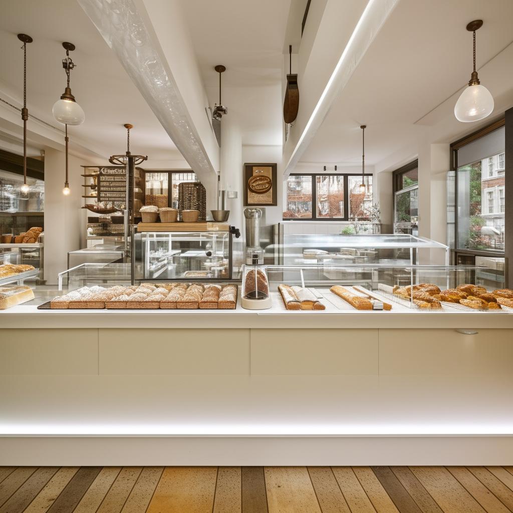 A modern bakery cafe in London style with white plastic interiors. Furnishings juxtapose contemporary design with vintage flair. Clear plastic showcases present pastries artistically and a state-of-the-art coffee brewing station sits enticingly.