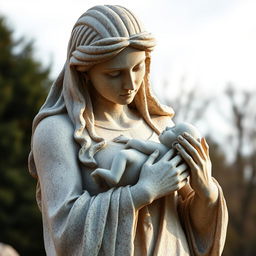 A powerful sculpture of a stone woman gracefully raising a newborn in her arms, symbolizing the beginning of life
