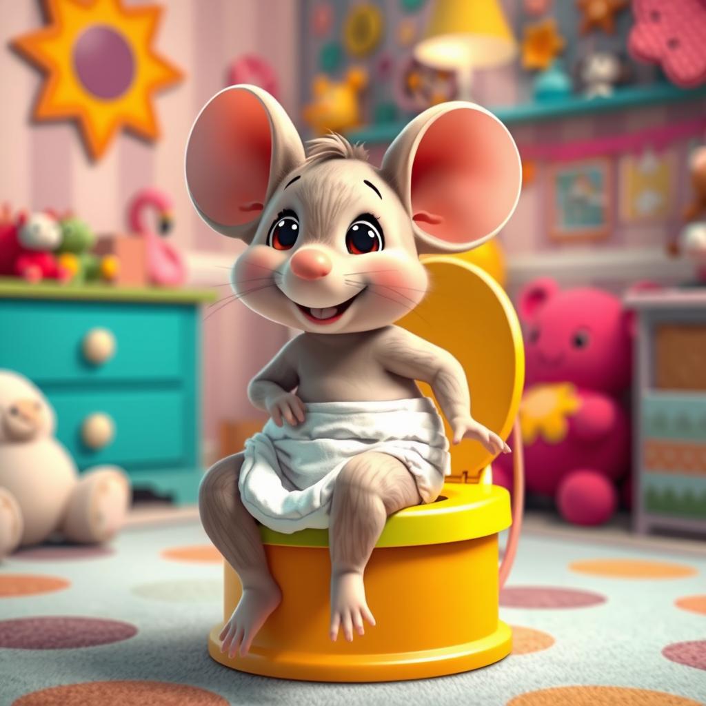 A delightful and whimsical scene featuring a diapered baby toddler mouse with its diaper playfully around its ankles, getting ready for big potty time