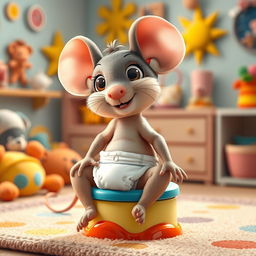 A delightful and whimsical scene featuring a diapered baby toddler mouse with its diaper playfully around its ankles, getting ready for big potty time