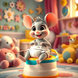 A delightful and whimsical scene featuring a diapered baby toddler mouse with its diaper playfully around its ankles, getting ready for big potty time