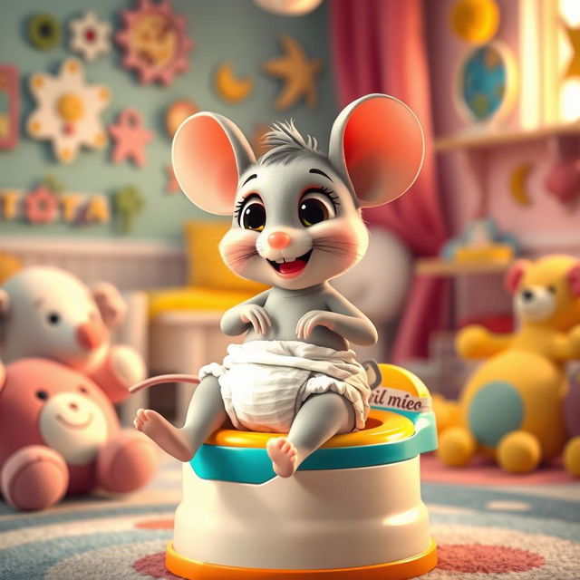 A delightful and whimsical scene featuring a diapered baby toddler mouse with its diaper playfully around its ankles, getting ready for big potty time