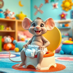 A delightful and whimsical scene featuring a diapered baby toddler mouse with its diaper playfully around its ankles, getting ready for big potty time