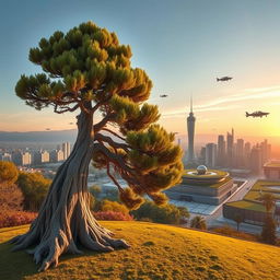 An ancient 4000-year-old cypress tree standing majestically in the foreground, with a futuristic skyline of Tehran in the background, showcasing advanced architecture, flying cars, and vibrant greenery integrated into the urban landscape