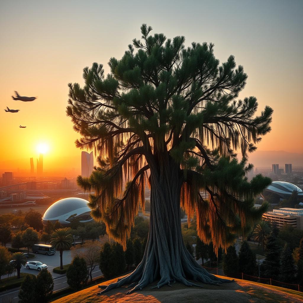 An ancient 4000-year-old cypress tree standing majestically in the foreground, with a futuristic skyline of Tehran in the background, showcasing advanced architecture, flying cars, and vibrant greenery integrated into the urban landscape