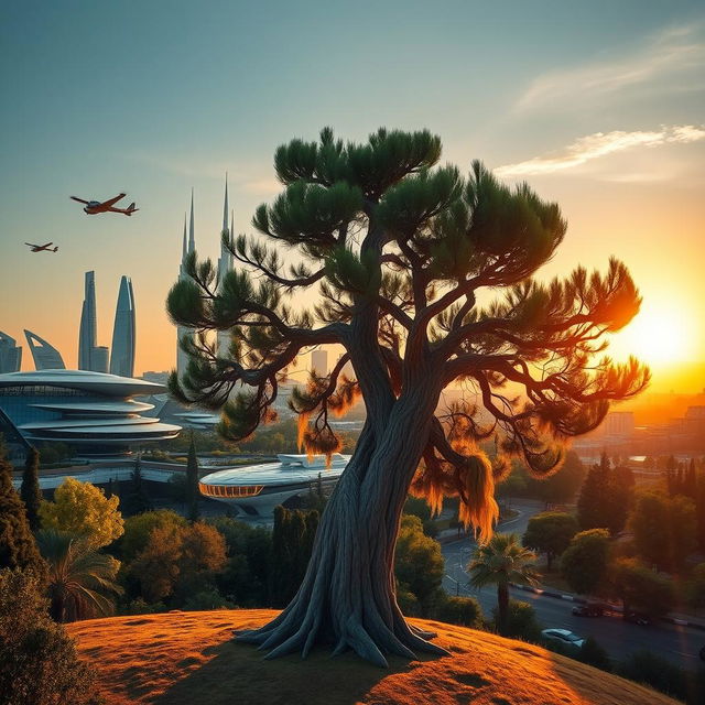 An ancient 4000-year-old cypress tree standing majestically in the foreground, with a futuristic skyline of Tehran in the background, showcasing advanced architecture, flying cars, and vibrant greenery integrated into the urban landscape