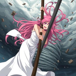 A scared anime girl struggling in an aggressive tornado storm, fiercely battling against harsh winds as she hangs onto a sturdy pole for support