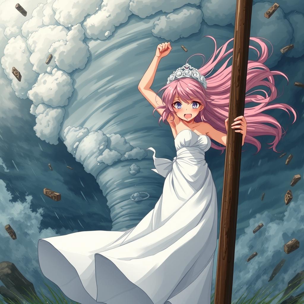 A scared anime girl struggling in an aggressive tornado storm, fiercely battling against harsh winds as she hangs onto a sturdy pole for support