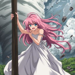 A scared anime girl struggling in an aggressive tornado storm, fiercely battling against harsh winds as she hangs onto a sturdy pole for support
