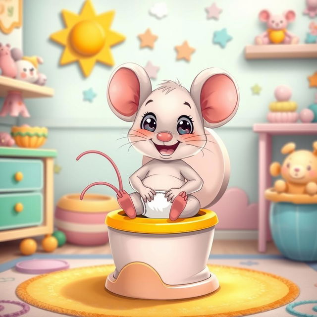 A charming and whimsical illustration of a diapered baby toddler mouse sitting excitedly on a bright potty, with its diaper playfully around its ankles ready for big potty time
