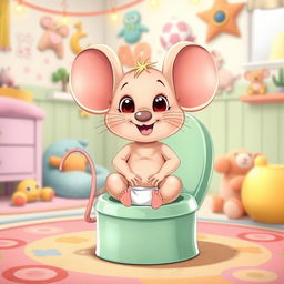 A charming and whimsical illustration of a diapered baby toddler mouse sitting excitedly on a bright potty, with its diaper playfully around its ankles ready for big potty time