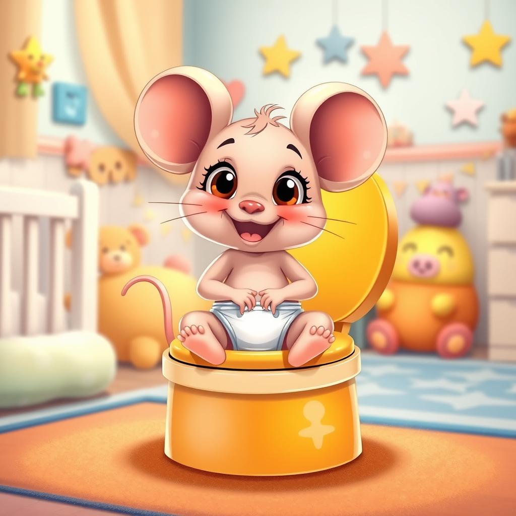 A charming and whimsical illustration of a diapered baby toddler mouse sitting excitedly on a bright potty, with its diaper playfully around its ankles ready for big potty time