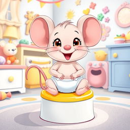 A charming and whimsical illustration of a diapered baby toddler mouse sitting excitedly on a bright potty, with its diaper playfully around its ankles ready for big potty time
