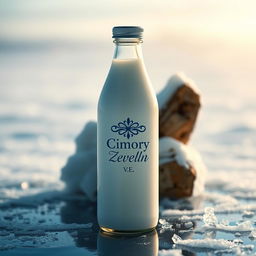 A bottle of Cimory milk featuring a prominently displayed logo with the name 'Zevelyn V
