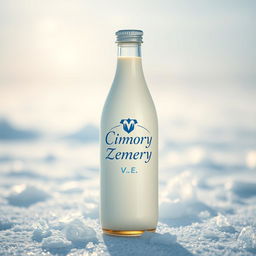 A bottle of Cimory milk featuring a prominently displayed logo with the name 'Zevelyn V