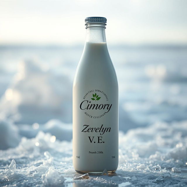 A bottle of Cimory milk featuring a prominently displayed logo with the name 'Zevelyn V