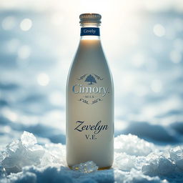 A bottle of Cimory milk featuring a prominently displayed logo with the name 'Zevelyn V