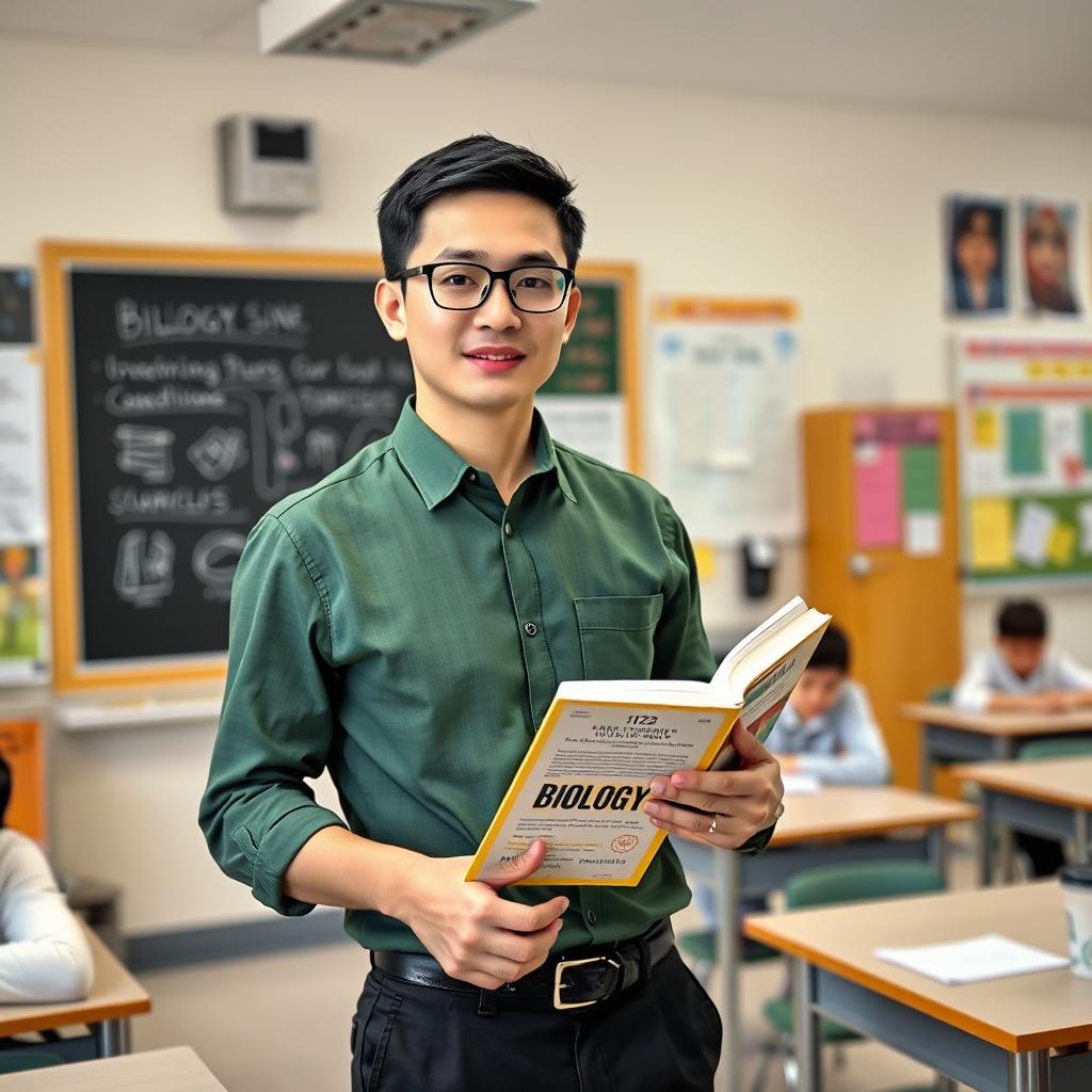 A 28-year-old man with short black hair, wearing a solid green shirt and black trousers, stands confidently in a classroom setting