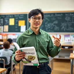 A 28-year-old man with short black hair, wearing a solid green shirt and black trousers, stands confidently in a classroom setting