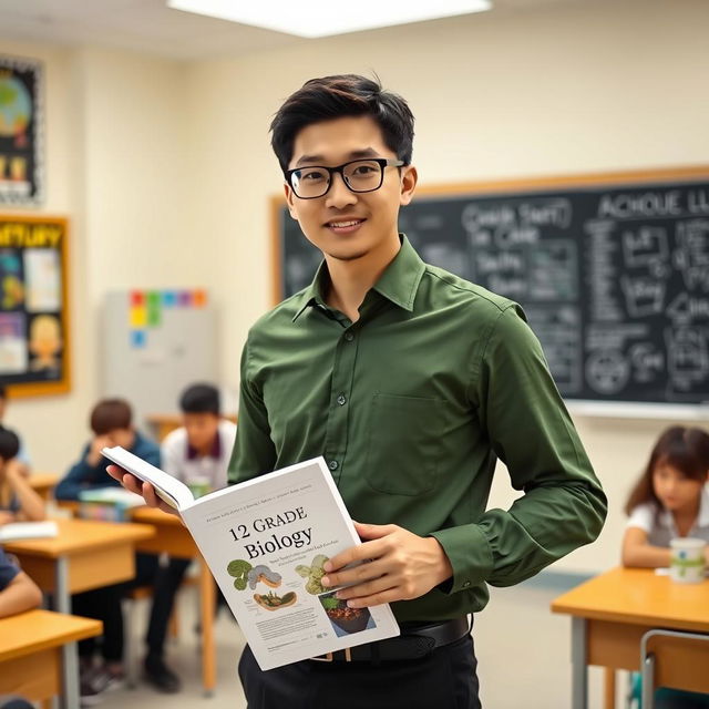 A 28-year-old man with short black hair, wearing a solid green shirt and black trousers, stands confidently in a classroom setting