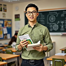 A 28-year-old man with short black hair, wearing a solid green shirt and black trousers, stands confidently in a classroom setting