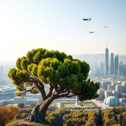 A magnificent 4000-year-old cypress tree resplendently towering in the foreground, with a breathtaking futuristic skyline of Tehran in the background
