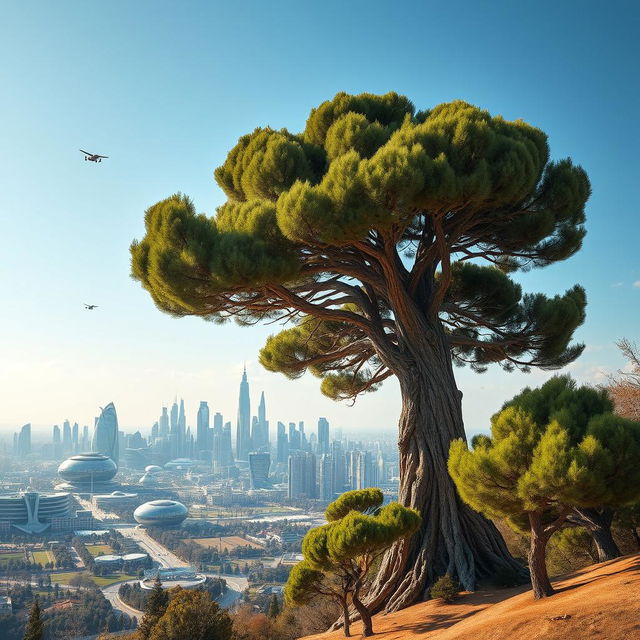 A magnificent 4000-year-old cypress tree resplendently towering in the foreground, with a breathtaking futuristic skyline of Tehran in the background