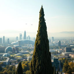 A magnificent 4000-year-old cypress tree resplendently towering in the foreground, with a breathtaking futuristic skyline of Tehran in the background