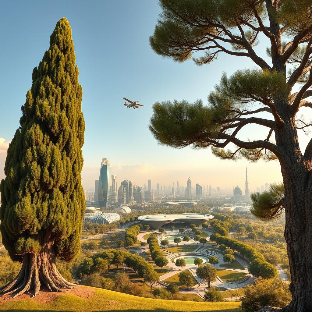 A magnificent 4000-year-old cypress tree resplendently towering in the foreground, with a breathtaking futuristic skyline of Tehran in the background