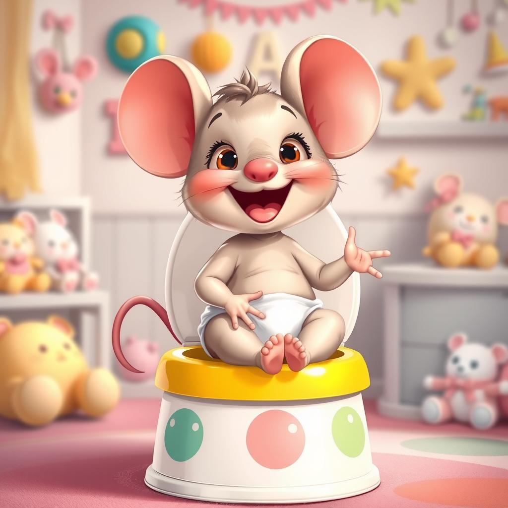 A whimsical and enchanting illustration of a diapered baby toddler mouse sitting excitedly on a colorful potty, with its diaper pulled down around its ankles, capturing the essence of big potty time