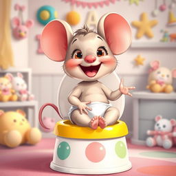 A whimsical and enchanting illustration of a diapered baby toddler mouse sitting excitedly on a colorful potty, with its diaper pulled down around its ankles, capturing the essence of big potty time