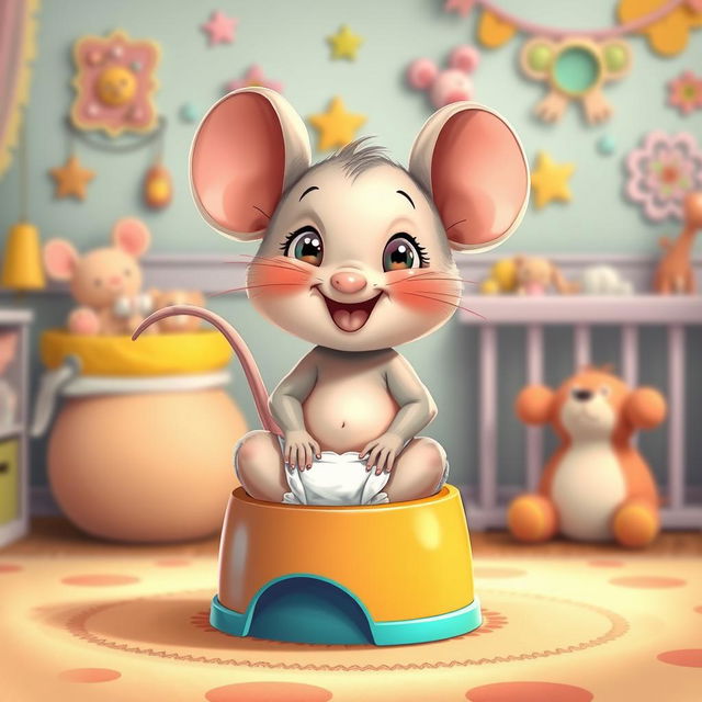 A whimsical and enchanting illustration of a diapered baby toddler mouse sitting excitedly on a colorful potty, with its diaper pulled down around its ankles, capturing the essence of big potty time