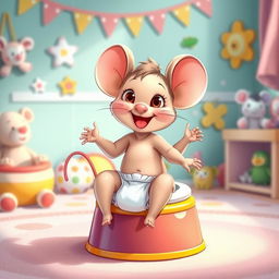 A whimsical and enchanting illustration of a diapered baby toddler mouse sitting excitedly on a colorful potty, with its diaper pulled down around its ankles, capturing the essence of big potty time
