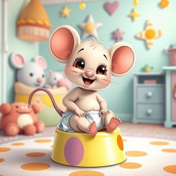 A whimsical and enchanting illustration of a diapered baby toddler mouse sitting excitedly on a colorful potty, with its diaper pulled down around its ankles, capturing the essence of big potty time