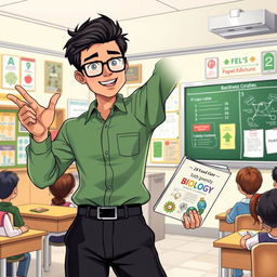 An anime-style illustration of a 28-year-old Indian man with short black hair, wearing a solid green shirt and black trousers