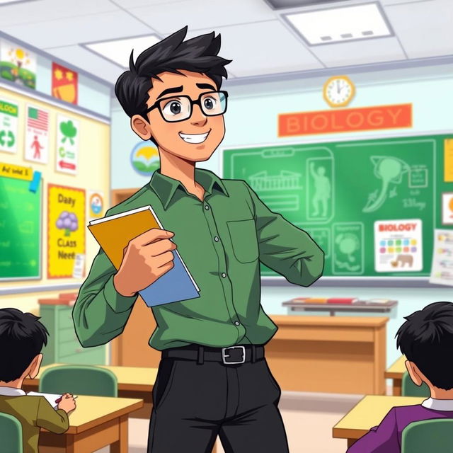 An anime-style illustration of a 28-year-old Indian man with short black hair, wearing a solid green shirt and black trousers