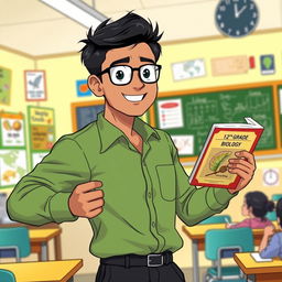 An anime-style illustration of a 28-year-old Indian man with short black hair, wearing a solid green shirt and black trousers