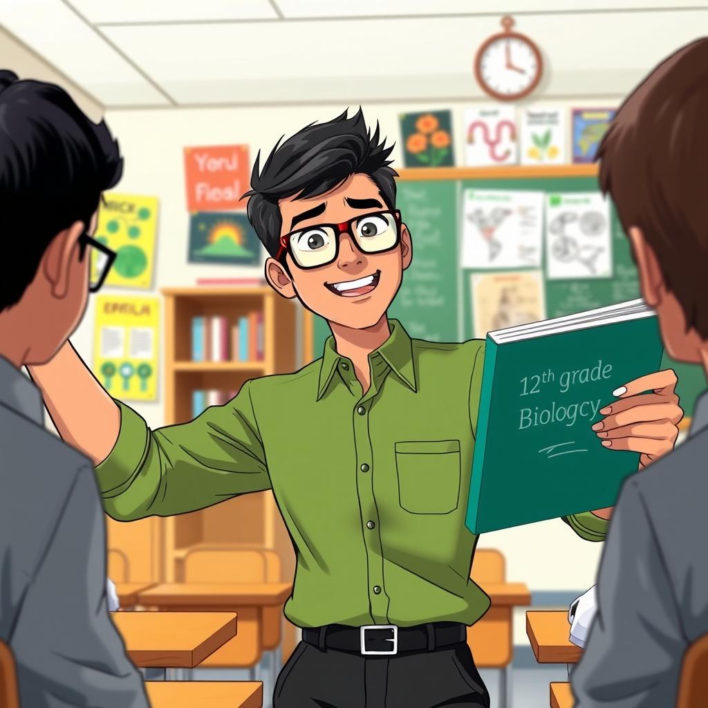 An anime-style illustration of a 28-year-old Indian man with short black hair, wearing a solid green shirt and black trousers