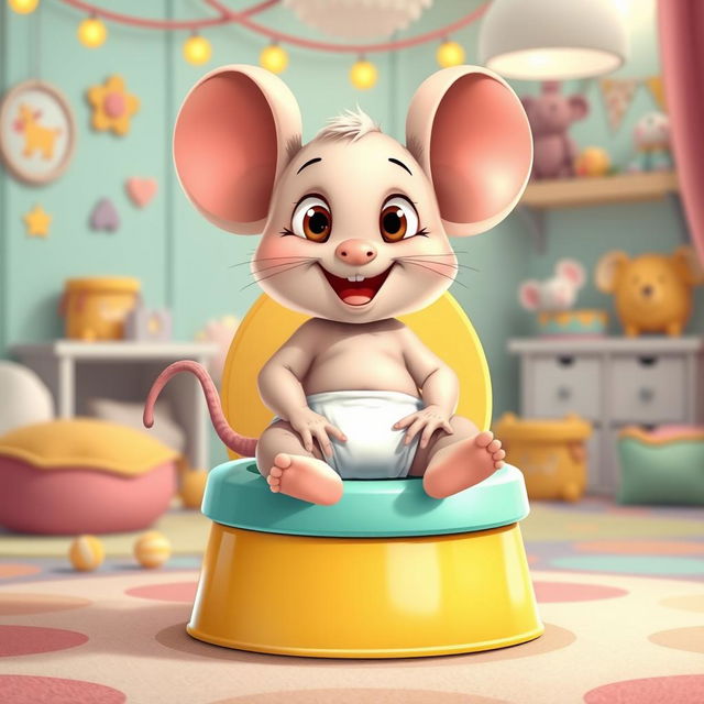 A delightful illustration of a diapered baby toddler mouse sitting on a large colorful potty, with its diaper pulled down around its ankles, embodying the excitement of big potty time