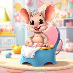 A delightful illustration of a diapered baby toddler mouse sitting on a large colorful potty, with its diaper pulled down around its ankles, embodying the excitement of big potty time