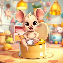 A delightful illustration of a diapered baby toddler mouse sitting on a large colorful potty, with its diaper pulled down around its ankles, embodying the excitement of big potty time