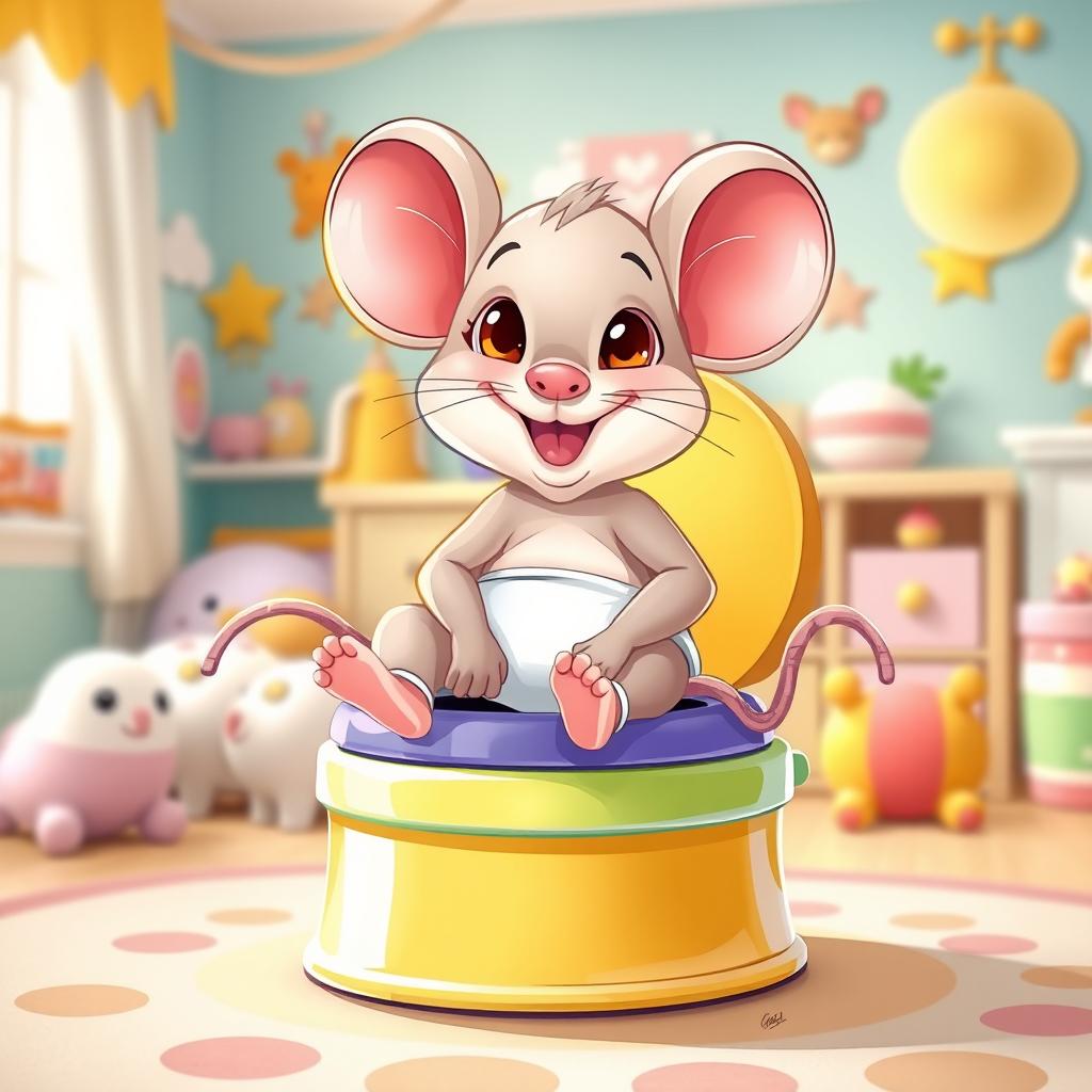 A delightful illustration of a diapered baby toddler mouse sitting on a large colorful potty, with its diaper pulled down around its ankles, embodying the excitement of big potty time