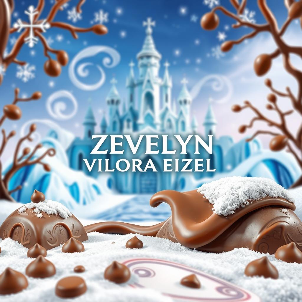 A whimsical and colorful scene featuring a delicious chocolate-themed design with the logo name 'ZEVELYN VILORA EIZEL' prominently displayed