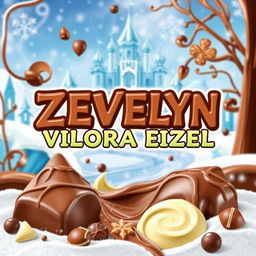 A whimsical and colorful scene featuring a delicious chocolate-themed design with the logo name 'ZEVELYN VILORA EIZEL' prominently displayed