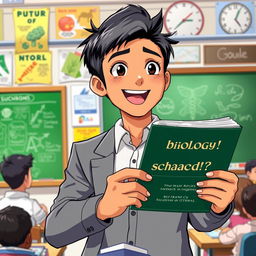 An anime-style illustration of a 28-year-old Indian man with short black hair, energetically teaching while holding a 12th grade biology book in one hand