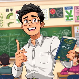 An anime-style illustration of a 28-year-old Indian man with short black hair, energetically teaching while holding a 12th grade biology book in one hand