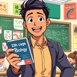 An anime-style illustration of a 28-year-old Indian man with short black hair, energetically teaching while holding a 12th grade biology book in one hand