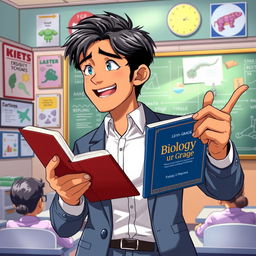 An anime-style illustration of a 28-year-old Indian man with short black hair, energetically teaching while holding a 12th grade biology book in one hand