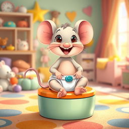 An adorable and whimsical illustration of a diapered baby toddler mouse sitting cheerfully on a large, colorful potty